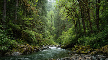 A photograph of Pacific Northwest forests 281 with pacific northwest forest canyon, forest creek vegetation, fresh rainforest spring, ultra realistic landscape photography, wide angle lens, natural colors, clean composition, no peopleの写真素材