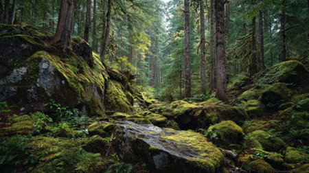 A photograph of Pacific Northwest forests 184 with ancient conifer forest, moss covered rocks, fresh...