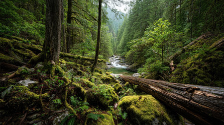 A photograph of Pacific Northwest forests 196 with dense forest overlooking river, fallen mossy...