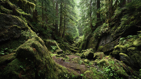 A photograph of Pacific Northwest forests with evergreen forest canyon, thick forest moss, lush...