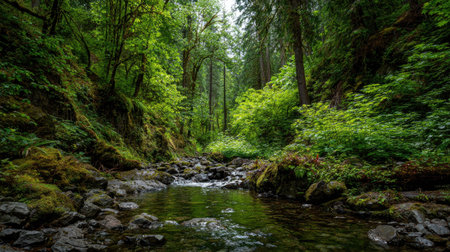 A photograph of Pacific Northwest forests 236 with coastal forest valley landscape, forest creek...