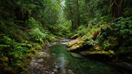 A photograph of Pacific Northwest forests 461 with temperate rainforest ravine, forest stream water,...