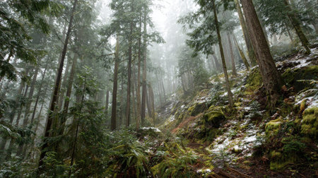 A photograph of Pacific Northwest forests 263 with temperate rainforest ravine, conifer forest...