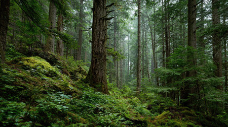 A photograph of Pacific Northwest forests 224 with ancient conifer forest, coastal forest plants,...