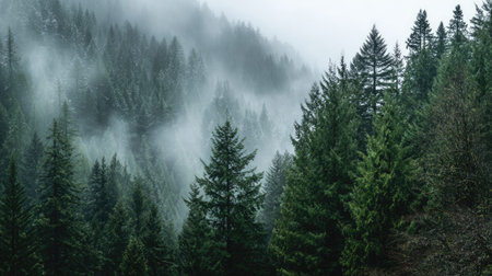 A photograph of Pacific Northwest forests 248 with evergreen forest canyon, towering douglas fir trees, misty forest winter, ultra realistic landscape photography, wide angle lens, natural colors, clean composition, no peopleの写真素材