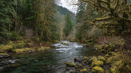 A photograph of Pacific Northwest forests 271 with forest valley with winding creek, lichen covered...