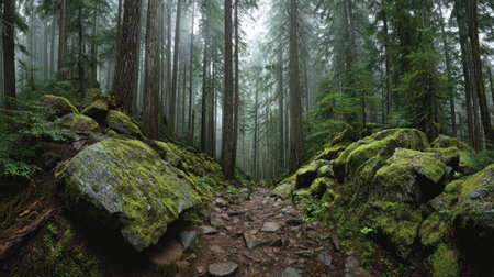 A photograph of Pacific Northwest forests with forest trail through old growth trees, moss covered...