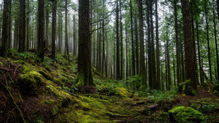A photograph of Pacific Northwest forests 346 with dense pacific northwest forest valley, rain...