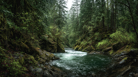 A photograph of Pacific Northwest forests 192 with coastal forest cliffs, evergreen forest canopy,...