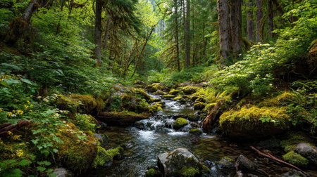 A photograph of Pacific Northwest forests 412 with temperate rainforest ravine, forest creek...