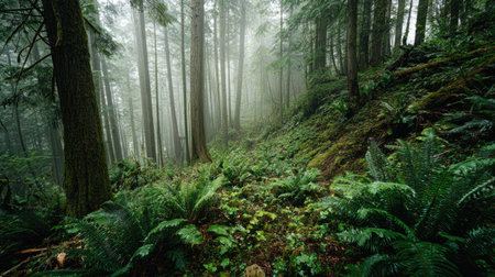 A photograph of Pacific Northwest forests 296 with rainforest forest floor landscape, ferns covering...