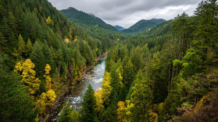 A photograph of Pacific Northwest forests 336 with dense forest overlooking river, conifer forest...