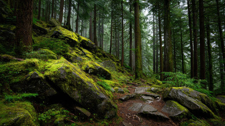 A photograph of Pacific Northwest forests 407 with evergreen forest hills, mossy forest stones,...