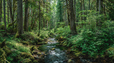 A photograph of Pacific Northwest forests 394 with forest valley with winding creek, thick...