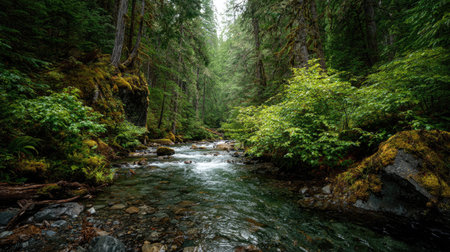 A photograph of Pacific Northwest forests 270 with forest surrounding mountain creek, thick...