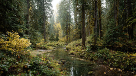 A photograph of Pacific Northwest forests 342 with forest valley with winding creek, coastal forest plants, golden forest autumn, ultra realistic landscape photography, wide angle lens, natural colors, clean composition, no peopleの写真素材
