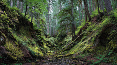 A photograph of Pacific Northwest forests 370 with temperate rainforest ravine, wet forest soil,...