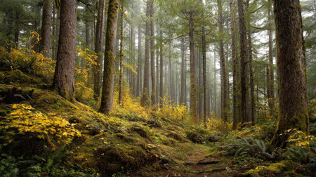 A photograph of Pacific Northwest forests 430 with rainforest forest floor landscape, damp woodland...