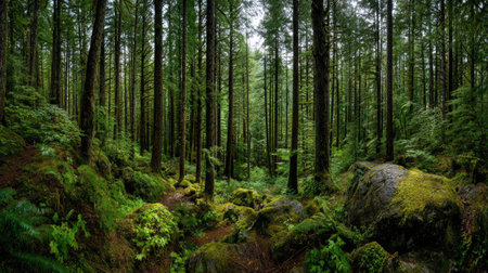 A photograph of Pacific Northwest forests 456 with pacific northwest temperate rainforest, evergreen forest canopy, lush forest summer, ultra realistic landscape photography, wide angle lens, natural colors, clean composition, no peopleの写真素材