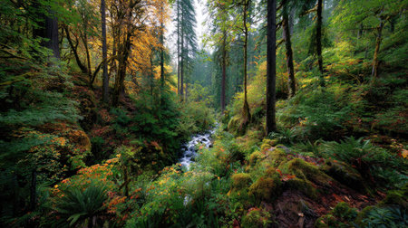 A photograph of Pacific Northwest forests with forest valley and waterfalls, rainforest undergrowth...