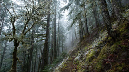 A photograph of Pacific Northwest forests 376 with coastal forest cliffs, lichen covered branches,...