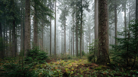 A photograph of Pacific Northwest forests with old growth forest landscape, damp woodland...