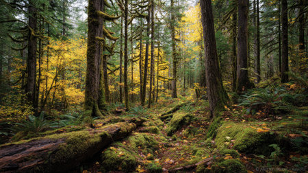A photograph of Pacific Northwest forests 497 with temperate rainforest ravine, moss covered tree...