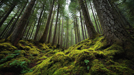A photograph of Pacific Northwest forests 413 with evergreen forest canyon, moss covered tree trunks, fresh rainforest spring, ultra realistic landscape photography, wide angle lens, natural colors, clean composition, no peopleの写真素材