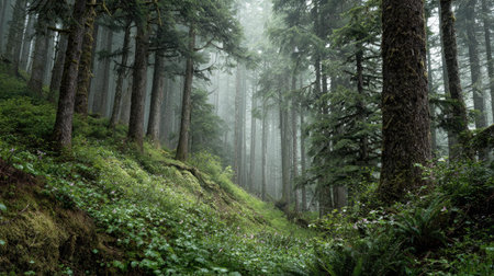 A photograph of Pacific Northwest forests 486 with dense pacific northwest forest valley, misty...