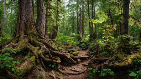A photograph of Pacific Northwest forests 359 with ancient forest valley basin, ancient tree roots, lush forest summer, ultra realistic landscape photography, wide angle lens, natural colors, clean composition, no peopleの写真素材