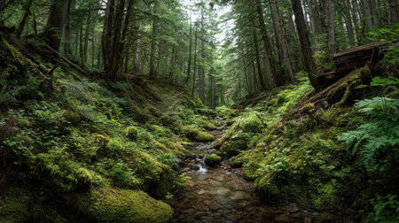 A photograph of Pacific Northwest forests 491 with rainforest valley with stream, rainforest...