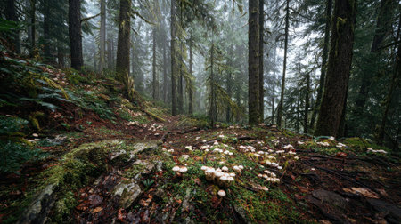 A photograph of Pacific Northwest forests 284 with evergreen forest canyon, wild woodland mushrooms,...