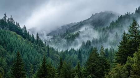 A photograph of Pacific Northwest forests 150 with forest hills under mist, evergreen forest canopy,...