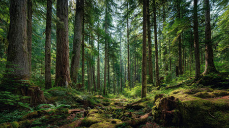 A photograph of Pacific Northwest forests 15 with rainforest forest floor landscape, giant conifer...