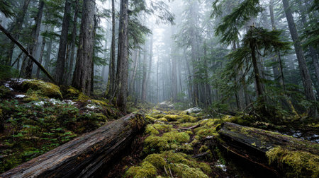 A photograph of Pacific Northwest forests 309 with ancient conifer forest, fallen mossy logs, misty...