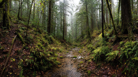 A photograph of Pacific Northwest forests 439 with forest valley with winding creek, forest floor...