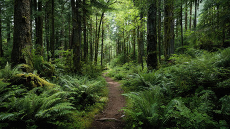 A photograph of Pacific Northwest forests with forest trail through old growth trees, dense forest...
