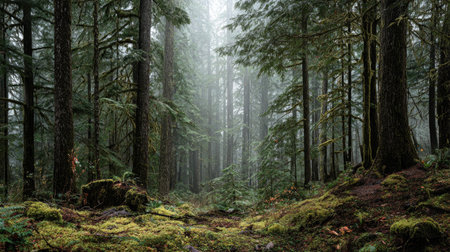 A photograph of Pacific Northwest forests 101 with evergreen forest canyon, wild woodland mushrooms,...