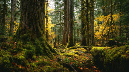 A photograph of Pacific Northwest forests 144 with rainforest forest floor landscape, moss covered...