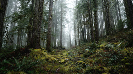 A photograph of Pacific Northwest forests 125 with mossy forest valley, shaded forest plants, misty...