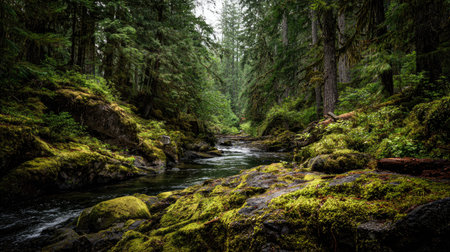 A photograph of Pacific Northwest forests 178 with rainforest river valley, moss covered rocks,...