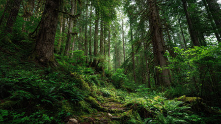 A photograph of Pacific Northwest forests 224 with ancient conifer forest, coastal forest plants,...