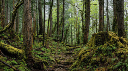 A photograph of Pacific Northwest forests 137 with dense pacific northwest forest valley, moss covered tree trunks, fresh rainforest spring, ultra realistic landscape photography, wide angle lens, natural colors, clean composition, no peopleの写真素材