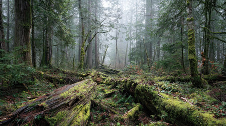 A photograph of Pacific Northwest forests 119 with coastal rainforest hills, fallen mossy logs,...