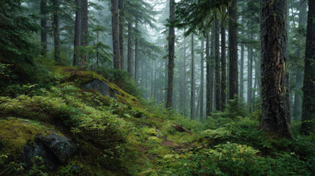 A photograph of Pacific Northwest forests 122 with rainforest forest floor landscape, misty forest...