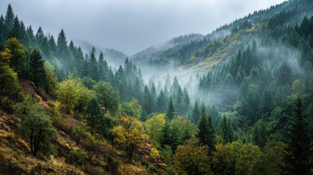 A photograph of Pacific Northwest forests 170 with forest hills under mist, rain soaked forest...