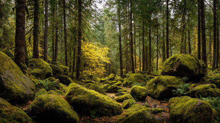 A photograph of Pacific Northwest forests 365 with pacific northwest forest plateau, moss covered rocks, golden forest autumn, ultra realistic landscape photography, wide angle lens, natural colors, clean composition, no peopleの写真素材