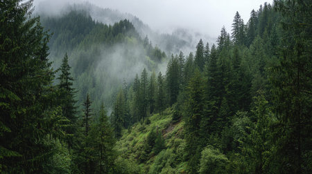 A photograph of Pacific Northwest forests 149 with evergreen forest hills, misty forest vegetation,...