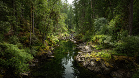A photograph of Pacific Northwest forests 118 with dense forest overlooking river, forest creek...