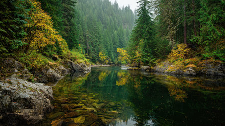 A photograph of Pacific Northwest forests 160 with dense forest overlooking river, sitka spruce...